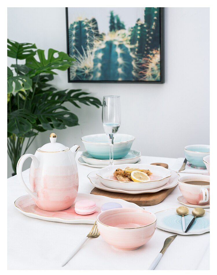 Pink And Blue Gold Ceramic/Porcelain Elegant Dinner Set