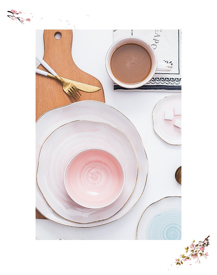 Pink And Blue Gold Ceramic/Porcelain Elegant Dinner set