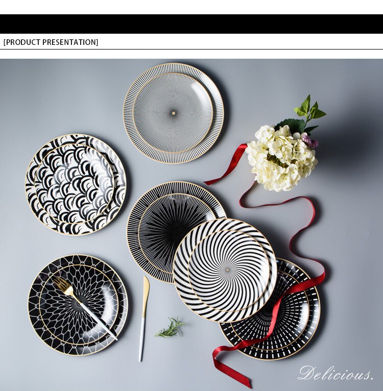 6 / 8 /10 Inch Black &Amp; White Ceramic Dinner Plates