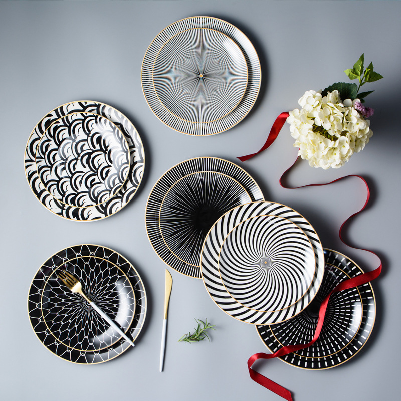 6 / 8 /10 Inch Black &Amp; White Ceramic Dinner Plates