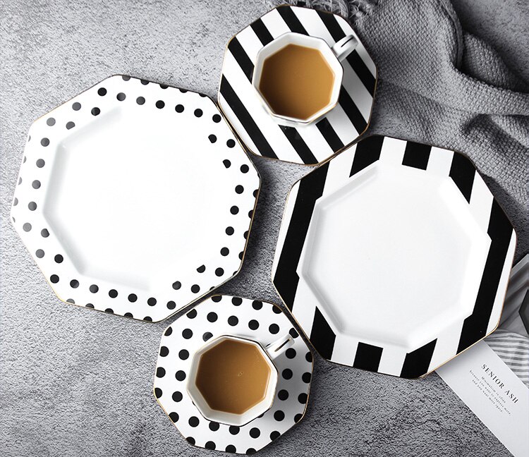 Octagonal Ceramic Plate Black White Dot Stripe Tableware