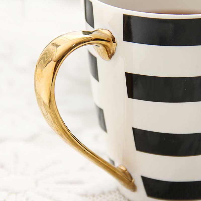 Black And White Stripe Mug With Gold Handgrip