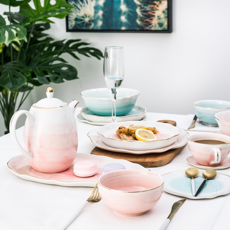 Pink And Blue Gold Ceramic/Porcelain Elegant Dinner Set