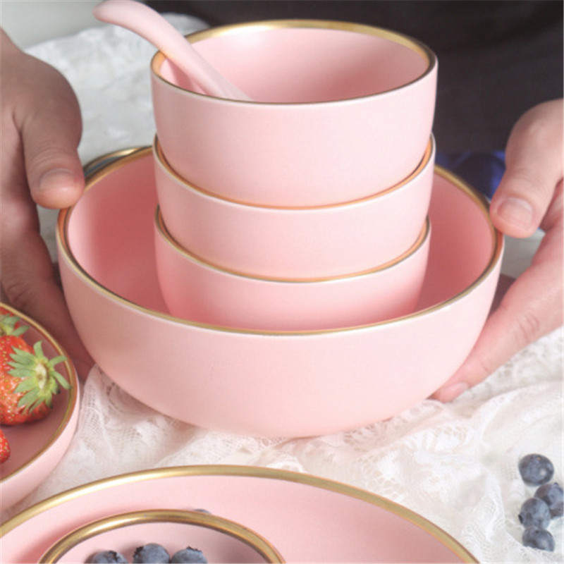 1 piece Solid Pink Ceramic Plate With Golden Edges (Bowls, Plates & Spoons)