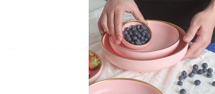 1 Piece Solid Pink Ceramic Plate With Golden Edges (Bowls, Plates &Amp; Spoons)