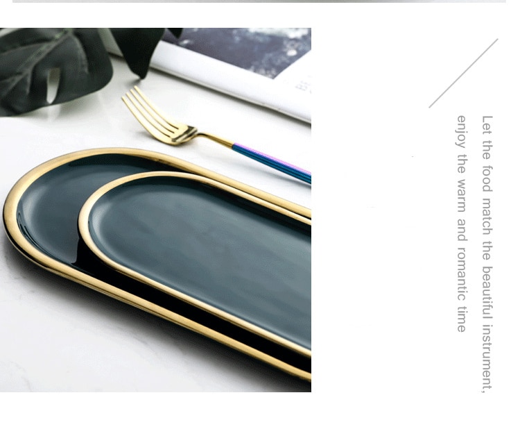 Nordic Green Gold Rim Ceramic Oval Plate