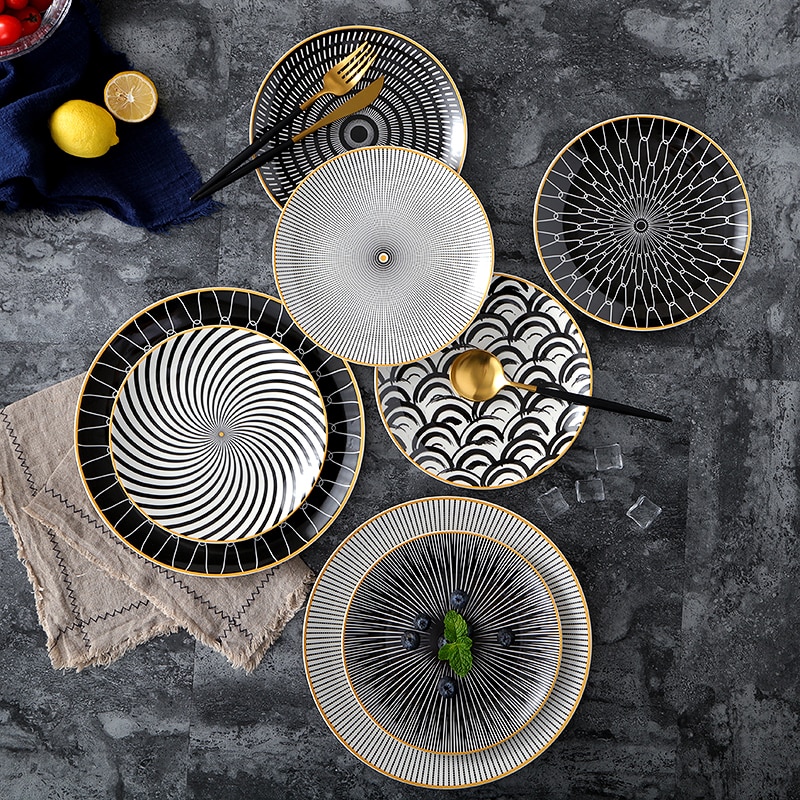 6/8 /10 inch Black and White Porcelain plates set - Dinnerware Set