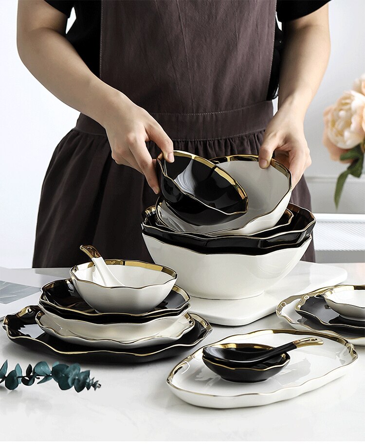 Luxury White Black Gold Rim Ceramic Dinner Plate