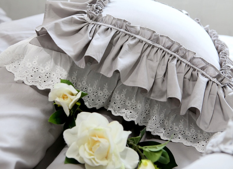 2Pcs Pillow Case European Grey Luxury Embroidered Big Lace Ruffle Pillowcase - Handmade Lace Pillow Cases