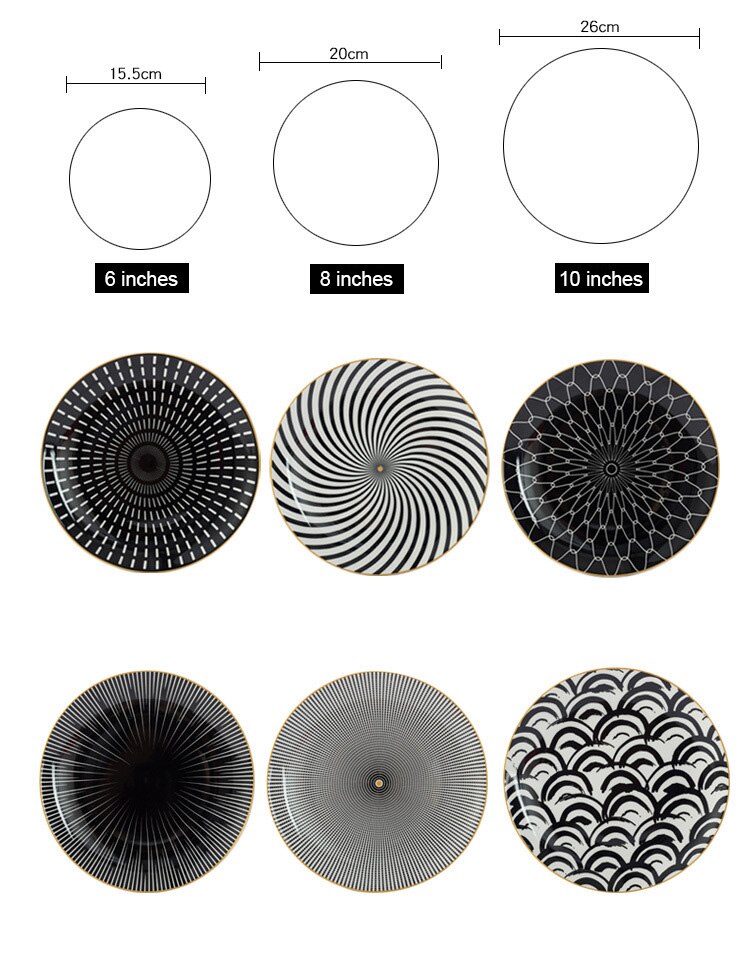 6/8 /10 Inch Black And White Porcelain Plates Set - Dinnerware Set