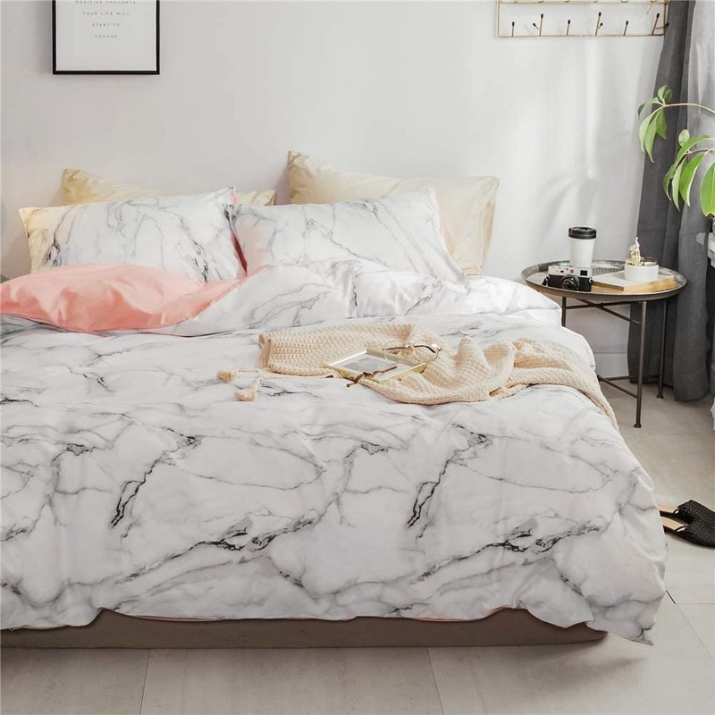 100% Cotton Marble Print Bedding Set With 1 Duvet Cover + 2 Pillowcases