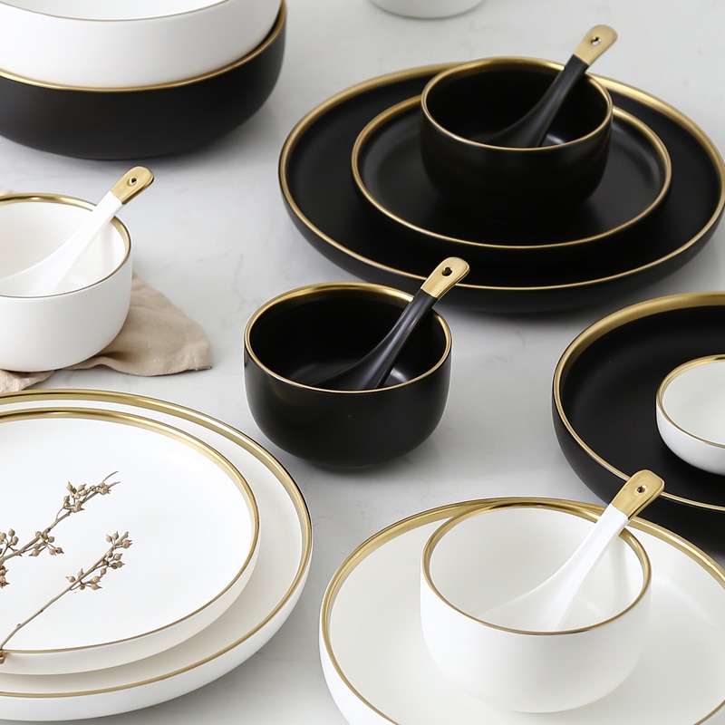 Black And White Ceramic Dinner Plate Set - Porcelain Tableware