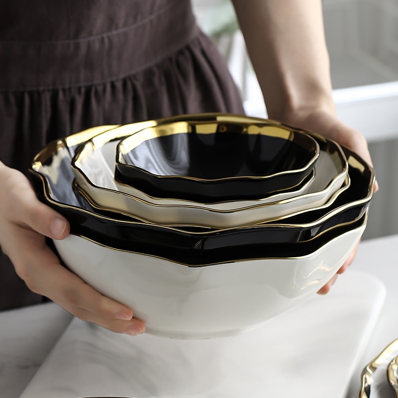 Luxury White Black Gold Rim Ceramic Dinner Plate