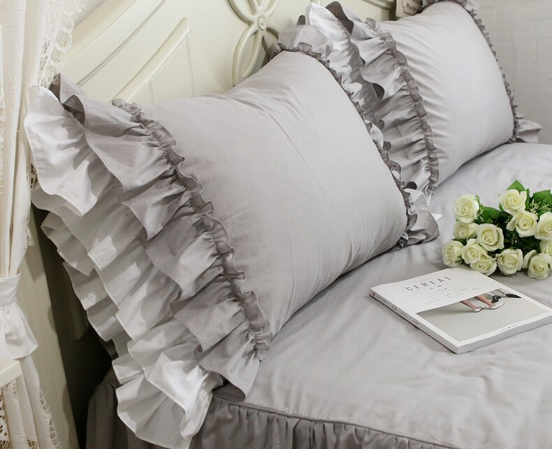 2pcs Handmade Luxury Grey Ruffle Lace Pillowcase - Premium Quality 100% Cotton Bedding Pillow Cases