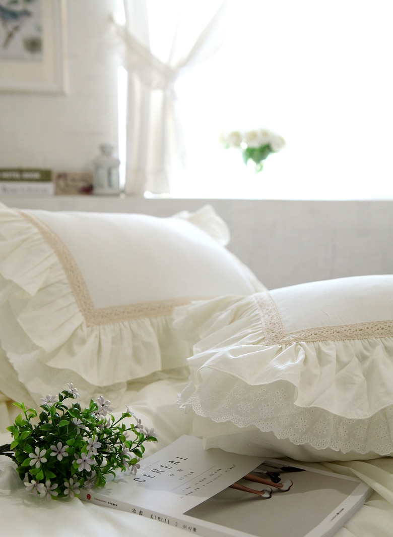 2Pcs Big Embroidery Ruffle Lace Pillow Case - 100% Cotton Premium Quality Pillow Cover Princess Elegant Pillowcase