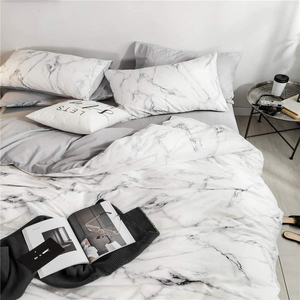 100% Cotton Marble Print Bedding Set With 1 Duvet Cover + 2 Pillowcases