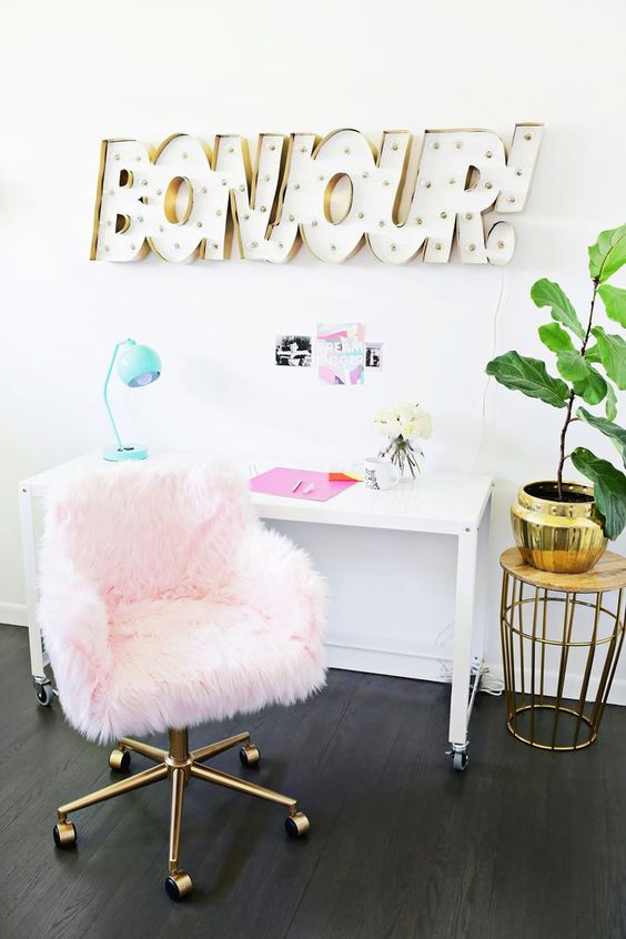 A Light Pink Faux Fur Chair With Brass Legs Is A Great Solution For A Glam Feminine Home Office