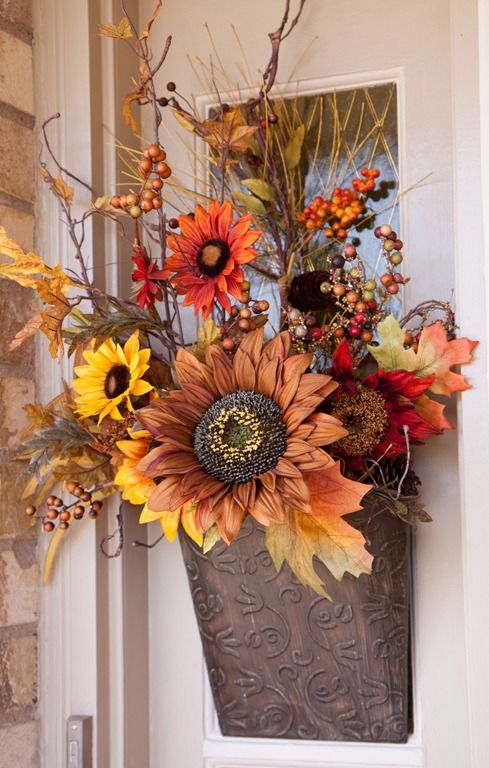 A Lovely Fall Faux Flower Arrangement With Leaves, Berries And Twigs In Traditional Fall Colors Will Substitute A Usual Wreath