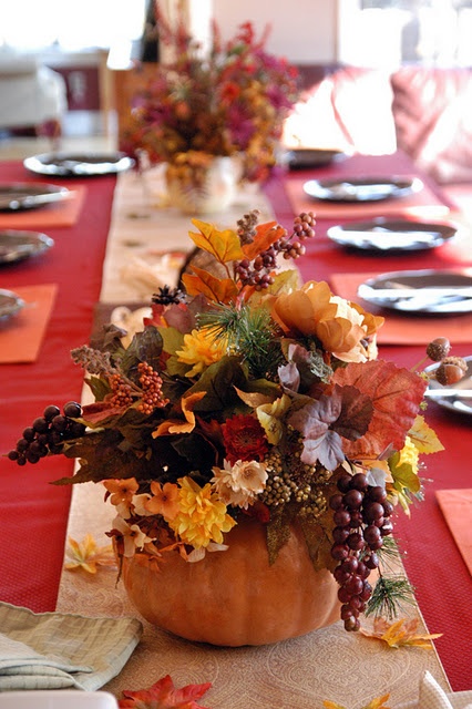 A Bright Fall Centerpiece Of A Pumpkin, Bright Fall Leaves, Berries, Fir Branches Is A Stylish Decoration You Can Make Yourself