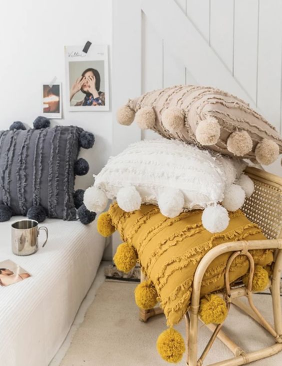 Moroccan Pillows With Large Pompoms Are Ideal To Add A Boho Touch To The Space And Make It Eye-Catchy