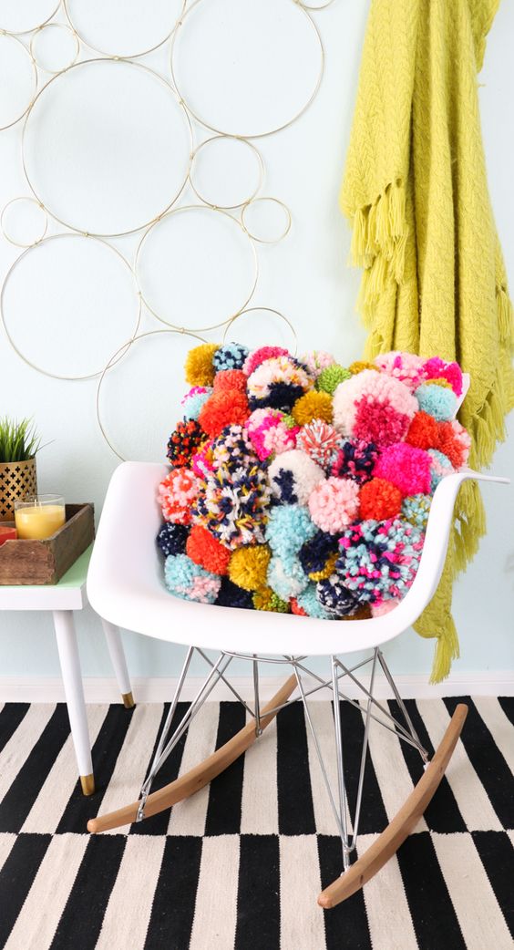 A Pillow Fully Made Of Colorful Pompoms Is A Very Bright And Cool Decoration To Accent Your Interior