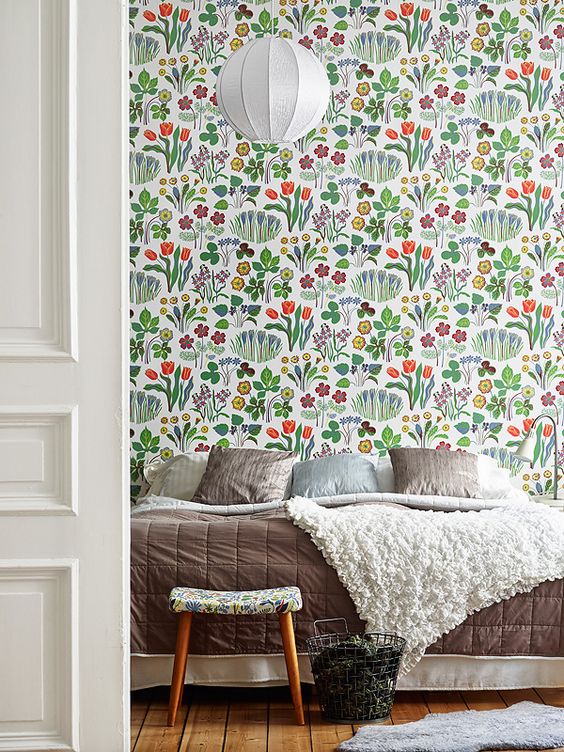 Colorful Botanical Floral Wallpaper To Bring An Airy Spring Feel To The Bedroom And Add Pattern To It