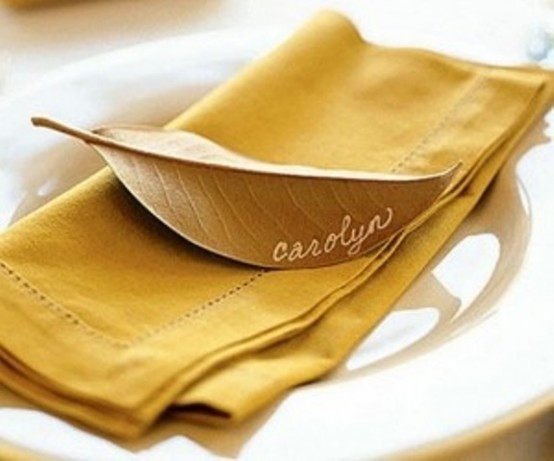 A Mustard Napkin Plus A Gold Leaf As A Place Card For A Chic Thanksgiving Tablescape With A Natural Feel