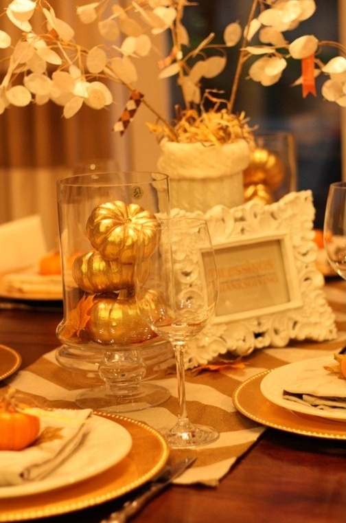Gold Chargers, Gold Pumpkins, Gold And White Chevron Table Runners Will Give A Chic And Shiny Touch To The Tablescape