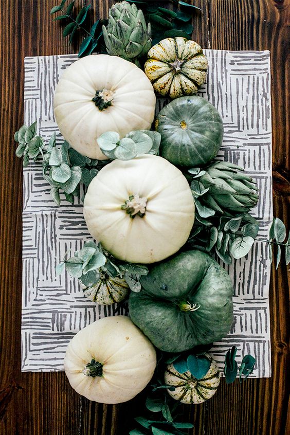 Green And White Pumpkins, Greenery And Artichokes For A Lovely Rustic Thanksgiving Centerpiece