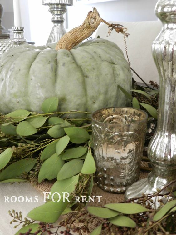 Greenery, A Green Pumpkins And Mercury Glass Candleholders For Chic Vintage And Rustic Thanksgiving Decor