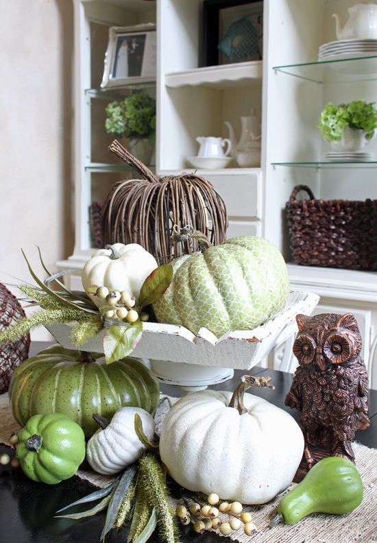 A Rustic Vintage Centerpiece Of White, Green And Vine Pumpkins, Berries And An Owl Is Ideal For Thanksgiving