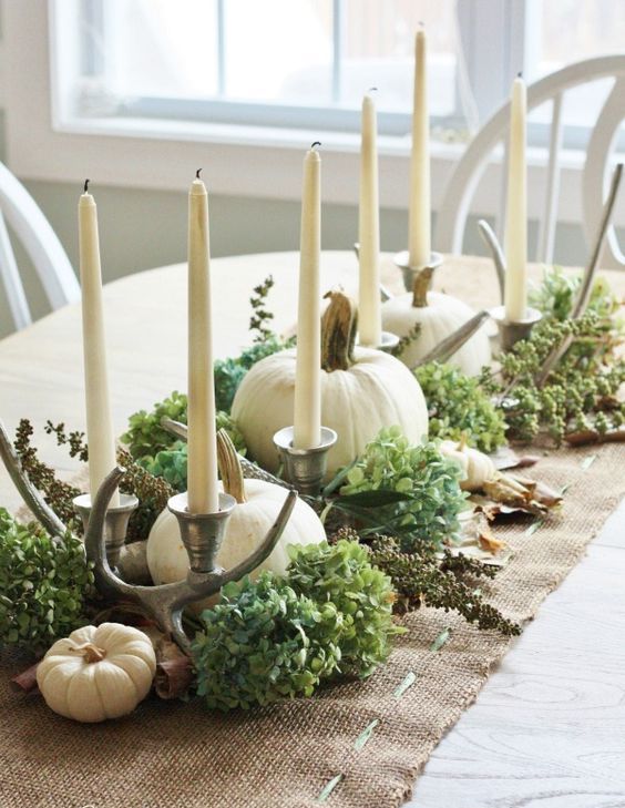 Rustic Thanksgiving Decor With Hydrangeas, Antlers, Candles And White Pumpkins Is Very Pretty And Chic