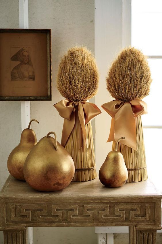 Gilded Pears And Wheat Bundles With Silk Bows Are Adorable Rustic Decor For Fall Or Thanksgiving