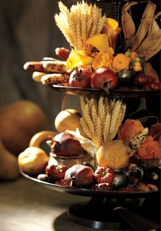 A Metal Stand With Various Faux Veggies, Wheat, Corn Husks And Blooms Is A Beautiful And Cool Rustic Decoration For Thanksgiving