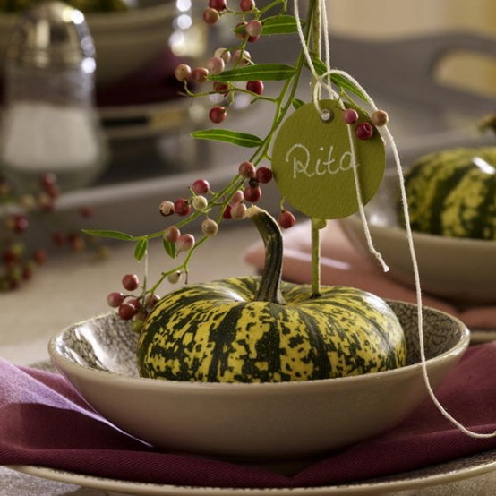 Natural Pumpkins With Berries Will Mark Each Place Setting And Make It Cool And Natural-Looking, Perfect For Thanksgiving
