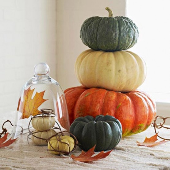 Simple Heirloom Pumpkins Stacked And Palced In A Cloche Look Very Cozy And Very Fall-Like, Such Easy Natural Decor