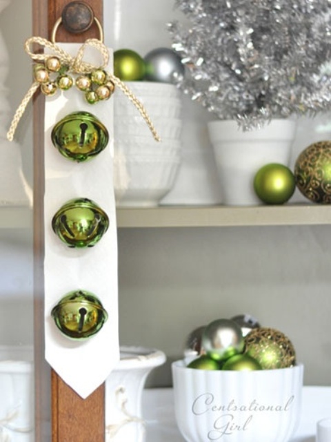 A White Tie With Green Bells And Mini Ornaments Plus A Bow Can Be Hung On Doors Of All Kinds To Bring A Holiday Feel To Them